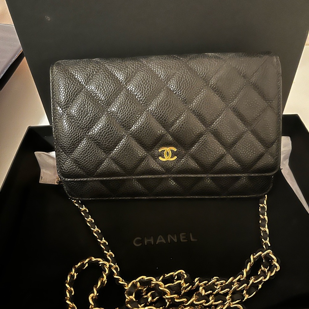 Chanel Black Wallet on a Gold Chain